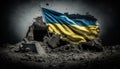 Generative AI, Ruined Ukraine banner, Ukrainian flag on broken concrete