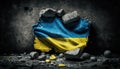 Generative AI, Ruined Ukraine banner, Ukrainian flag on broken concrete, cracked, shattered, rubble ground.
