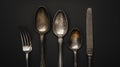 Generative AI Rustic vintage set of cutlery knife, spoon, fork. Black background. Top view business concept. Royalty Free Stock Photo