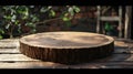 Generative AI Rustic wood plate podium Front view business concept. Royalty Free Stock Photo