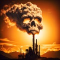 Generative AI rusty industrial factory chimney emitting skull shaped smoke