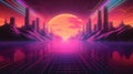 Generative AI, 80s retro futuristic sci-fi., nostalgic 90s. Night and sunset neon colors, cyberpunk vintage illustration. Sun, Royalty Free Stock Photo