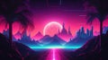 Generative AI, 80s retro futuristic sci-fi., nostalgic 90s. Night and sunset neon colors, cyberpunk vintage illustration. Sun, Royalty Free Stock Photo