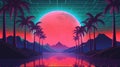 Generative AI, 80s retro futuristic sci-fi., nostalgic 90s. Night and sunset neon colors, cyberpunk vintage illustration. Sun, Royalty Free Stock Photo