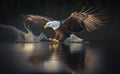A bald eagle flying above the surface water to hunt fish with blurred water background, generative AI Royalty Free Stock Photo