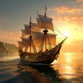 Generative AI Sailing Ship at Sunset Royalty Free Stock Photo