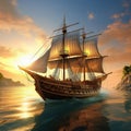 Generative AI Sailing Ship at Sunset Royalty Free Stock Photo