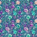 Generative ai. Scattering colorful of pebbles, crystals, of artificial jewelry. Seamless texture