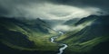 Generative AI, scenic green hills in the clouds, beautiful nature landscape aerial panorama, mountains