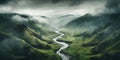 Generative AI, scenic green hills in the clouds, beautiful nature landscape aerial panorama, mountains