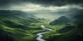 Generative AI, scenic green hills in the clouds, beautiful nature landscape aerial panorama, mountains