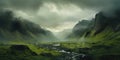 Generative AI, scenic green hills in the clouds, beautiful nature landscape aerial panorama, mountains