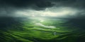 Generative AI, scenic green hills in the clouds, beautiful nature landscape aerial panorama, mountains