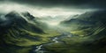 Generative AI, scenic green hills in the clouds, beautiful nature landscape aerial panorama, mountains