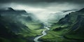 Generative AI, scenic green hills in the clouds, beautiful nature landscape aerial panorama, mountains