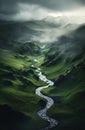 Generative AI, scenic green hills in the clouds, beautiful nature landscape aerial panorama, mountains