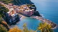 Generative AI Scenic view of colorful village Vernazza and ocean coast in Cinque Terre, Italy business concept. Royalty Free Stock Photo