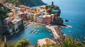 Generative AI Scenic view of colorful village Vernazza and ocean coast in Cinque Terre, Italy business concept. Royalty Free Stock Photo