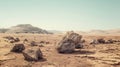 Generative AI Scenic view of dry desert land with stones and metal constructions on hot day under cloudless sky bu