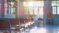 Generative AI School classroom in blur background without young student Blurry view of elementary class room no ki Royalty Free Stock Photo