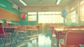 Generative AI School classroom in blur background without young student Blurry view of elementary class room no ki Royalty Free Stock Photo