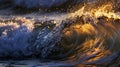 Generative AI sea wave close up at sunset in the rain low angle view business concept. Royalty Free Stock Photo