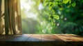 Generative AI selective focusEmpty of wood table top on blur of curtain window and abstract green from garden with Royalty Free Stock Photo