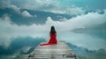 Generative AI Self reflection in magical world of fantasy. One woman sits on a wooden pier. Cloudy above the lake. Royalty Free Stock Photo