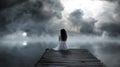 Generative AI Self reflection in magical world of fantasy. One woman sits on a wooden pier. Cloudy above the lake. Royalty Free Stock Photo