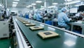 Generative AI Semiconductor Manufacturing Microchips on Conveyor Belt in Factory Setting with Workers Assembling E Royalty Free Stock Photo