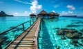 Serene tropical paradise with a wooden pier leading to overwater bungalows in a crystal-clear turquoise sea against a vibrant blue