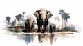 Generative AI, Serenity of the River: A Family of Elephants Bathing