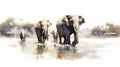 Generative AI, Serenity of the River: A Family of Elephants Bathing