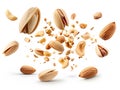 Generative AI A set with Flying in air fresh raw whole and cracked pistachios, almonds and hazelnut on wh