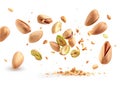 Generative AI A set with Flying in air fresh raw whole and cracked pistachios, almonds and hazelnut on wh