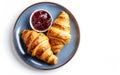 Generative AI set of freshly baked croissant and jam on blue plate on white background, top view business