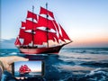 Generative AI. Shooting on a smartphone of an old ship with scarlet sails