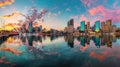 Generative AI Short bright sunset panorama of Darling harbour Cockle bay in Sydney city CBD at Vivid Sydney light Royalty Free Stock Photo