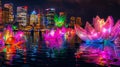 Generative AI Short bright sunset panorama of Darling harbour Cockle bay in Sydney city CBD at Vivid Sydney light Royalty Free Stock Photo