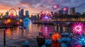 Generative AI Short bright sunset panorama of Darling harbour Cockle bay in Sydney city CBD at Vivid Sydney light Royalty Free Stock Photo