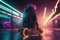 Generative AI, Skate board, man in vr glasses, cyberpunk style. Neon night lights vibrant colors, photorealistic horizontal