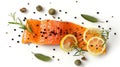 Generative AI Slice of red fish salmon with lemon rosemary and peppercorns isolated on white background Top view F