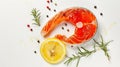 Generative AI Slice of red fish salmon with lemon rosemary and peppercorns isolated on white background Top view F