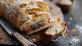 Generative AI Slices of crispy ciabatta bread with sesame seeds on a wooden board with knife Closeup with short de Royalty Free Stock Photo