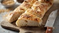 Generative AI Slices of crispy ciabatta bread with sesame seeds on a wooden board with knife Closeup with short de Royalty Free Stock Photo