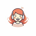 Generative AI Small ginger girl cuddles herself laughs and has fun listens music in stereo headphones wears stripe