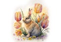 Generative AI, Small young rabbit is sitting in field among wild flowers and grass. Watercolor illustration