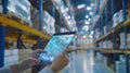Generative AI Smart WarehouseInventory management system conceptManager using digital tabletshowing warehouse soft Royalty Free Stock Photo