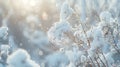 Generative AI Snowcovered plants in winter forest during snowfall Macro image shallow depth of field Winter nature Royalty Free Stock Photo