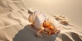 Soft shadows and light play over two delicate seashells resting on smooth sands, evoking a serene and tranquil beach atmosphere